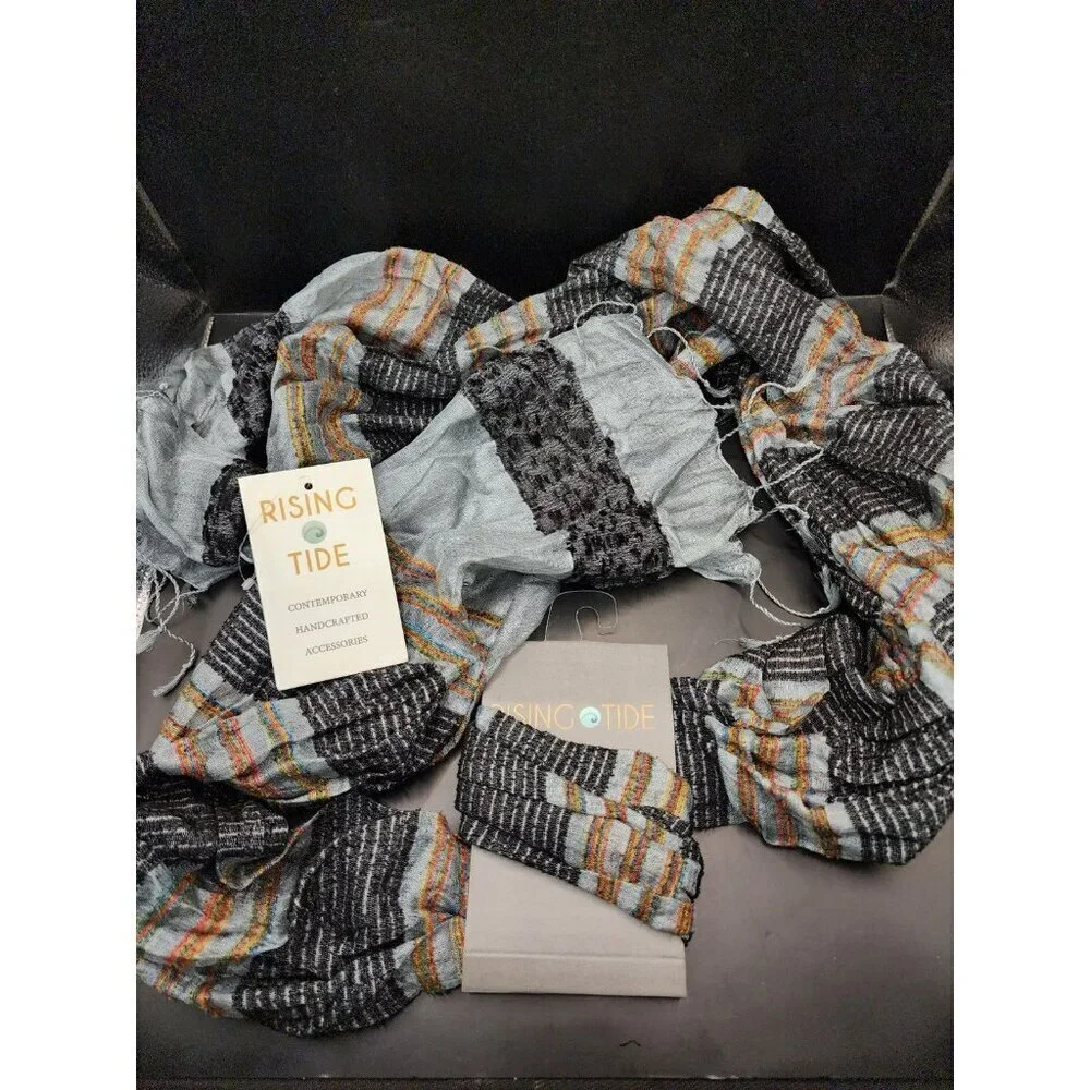 Rising Tide Silk Rayon Scarf Gray Multicolor Open Knit Fringed Hem Made in India